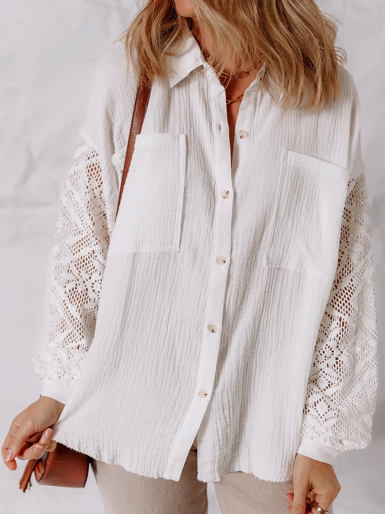 Lace Sleeve Button Down Shirt - Atelievuè
