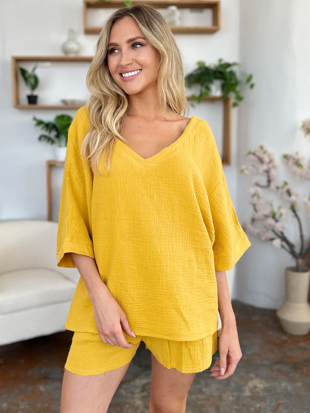 Double Take Texture Half Sleeve T-Shirt and Drawstring Shorts Set - Atelievuè