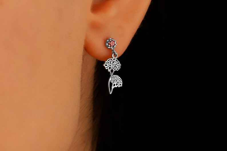 Custom Engraved Script Name Drop Earrings with Flower