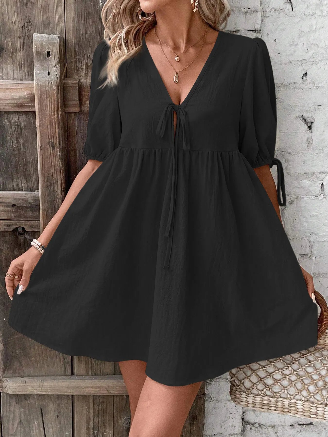 V-Neck Tie-Front Mini Dress with Puff Sleeves - Atelievuè