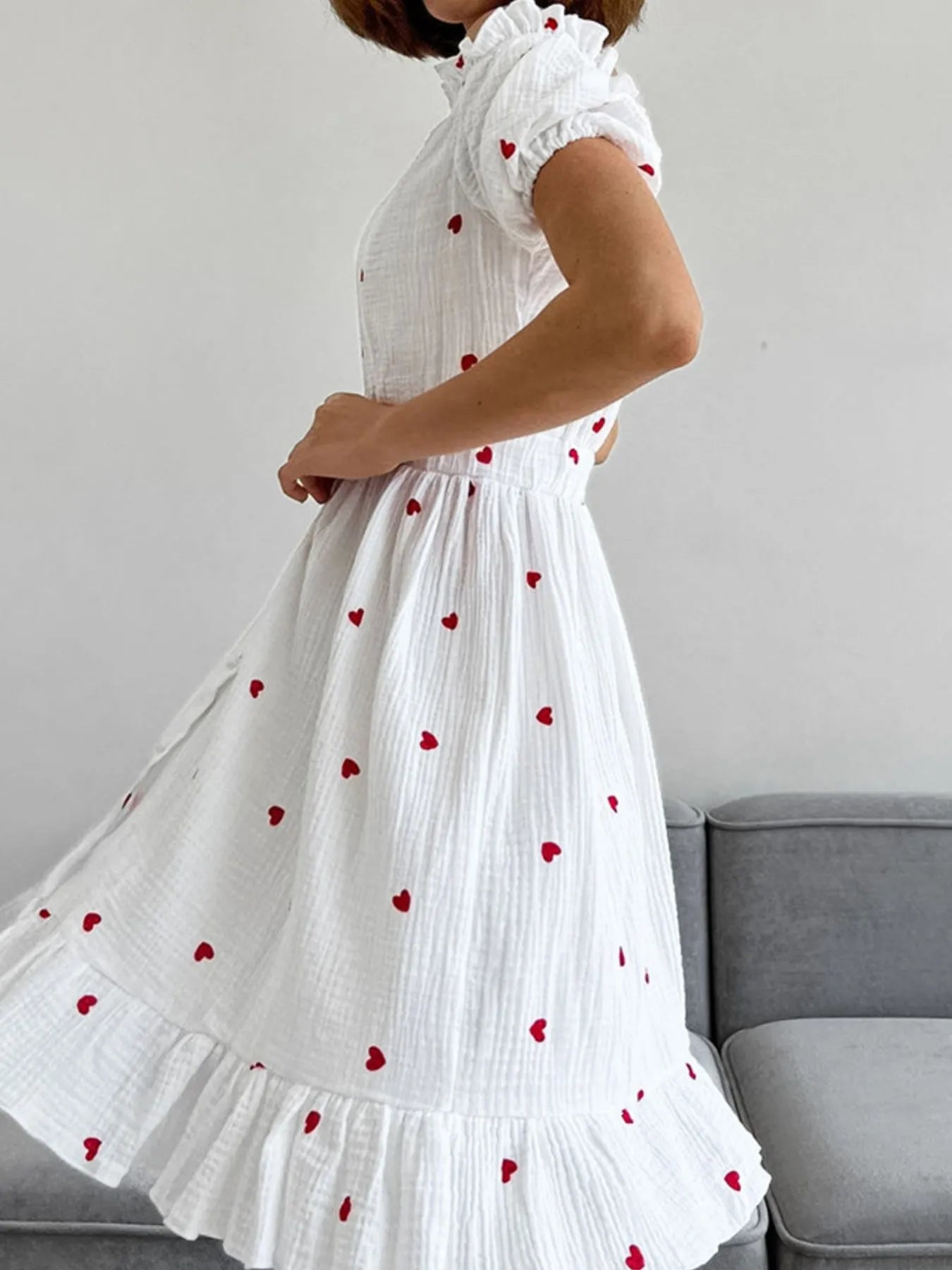 Heart Printed Off-Shoulder Ruffle Mini Dress - Atelievuè