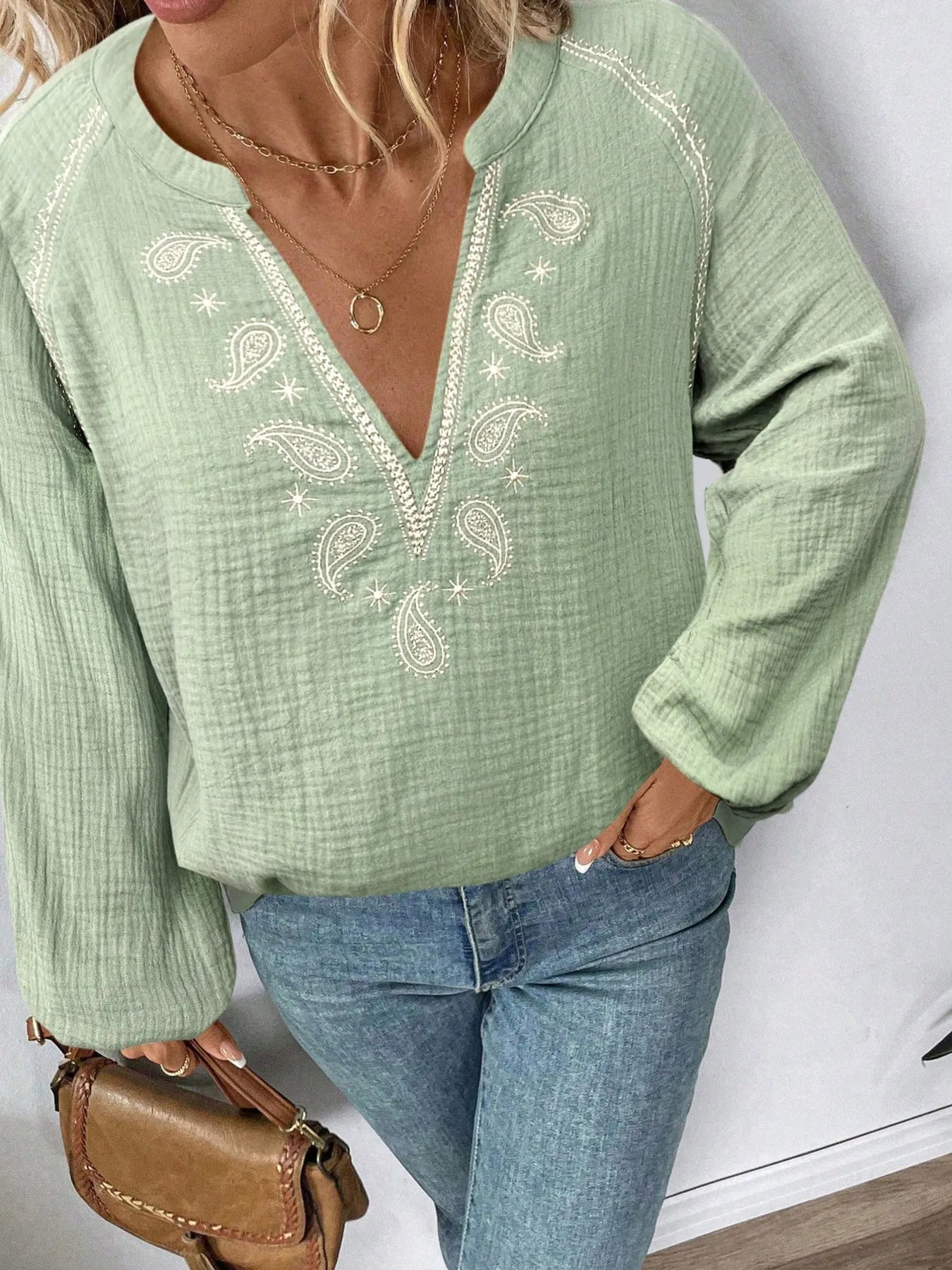 Paisley Pattern Notched Long Sleeve Blouse - Atelievuè