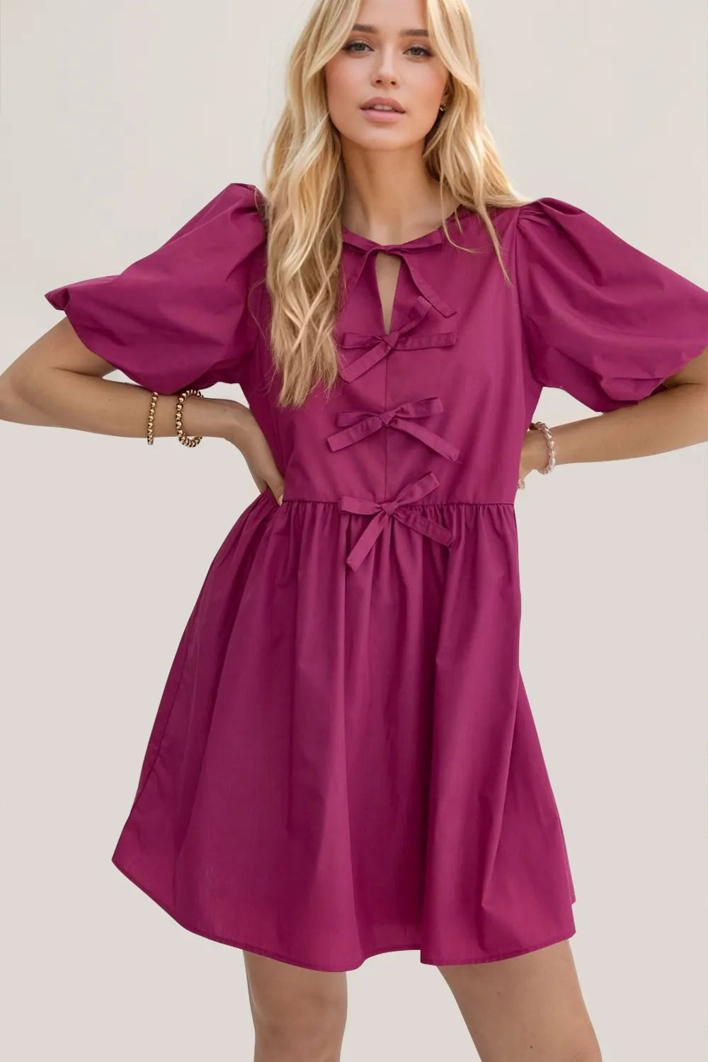 Oh Bow Ruched Puff Sleeve Mini Dress - Atelievuè