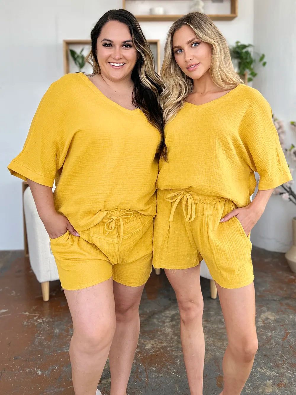 Double Take Texture Half Sleeve T-Shirt and Drawstring Shorts Set - Atelievuè