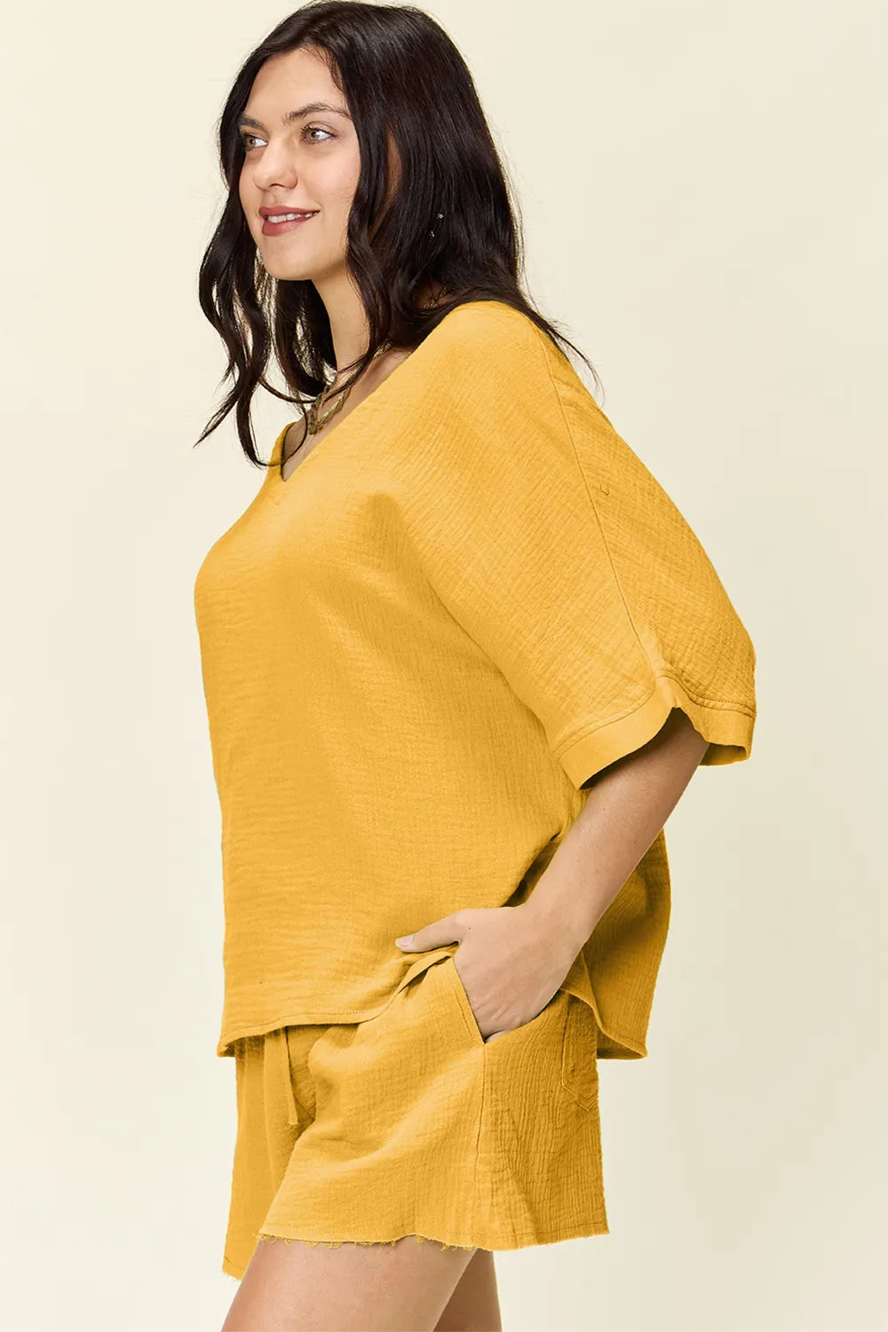 Double Take Texture Half Sleeve T-Shirt and Drawstring Shorts Set - Atelievuè