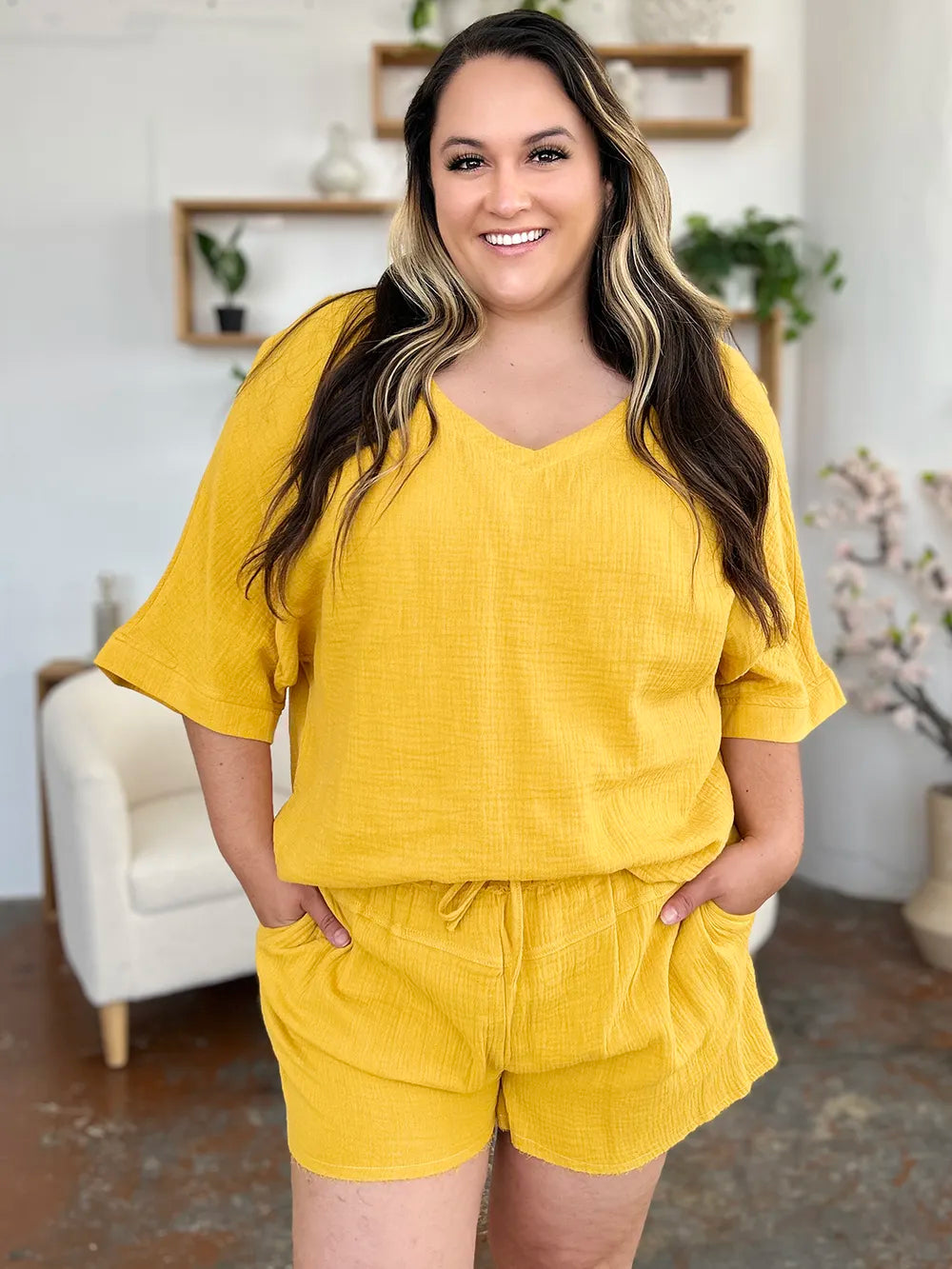 Double Take Texture Half Sleeve T-Shirt and Drawstring Shorts Set - Atelievuè