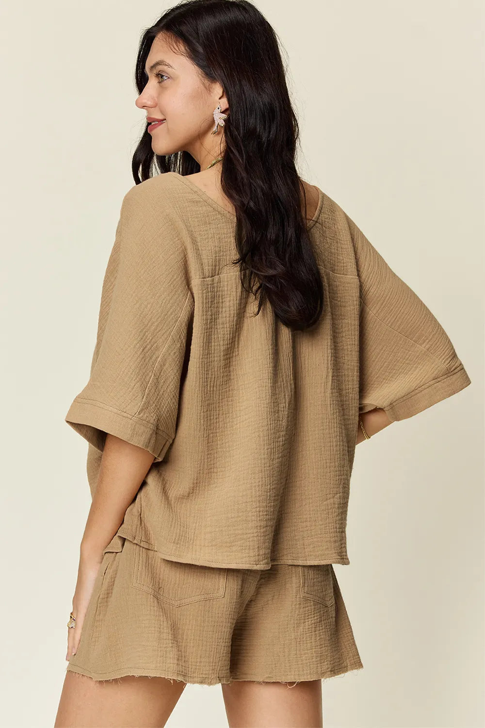 Double Take Texture Half Sleeve T-Shirt and Drawstring Shorts Set - Atelievuè