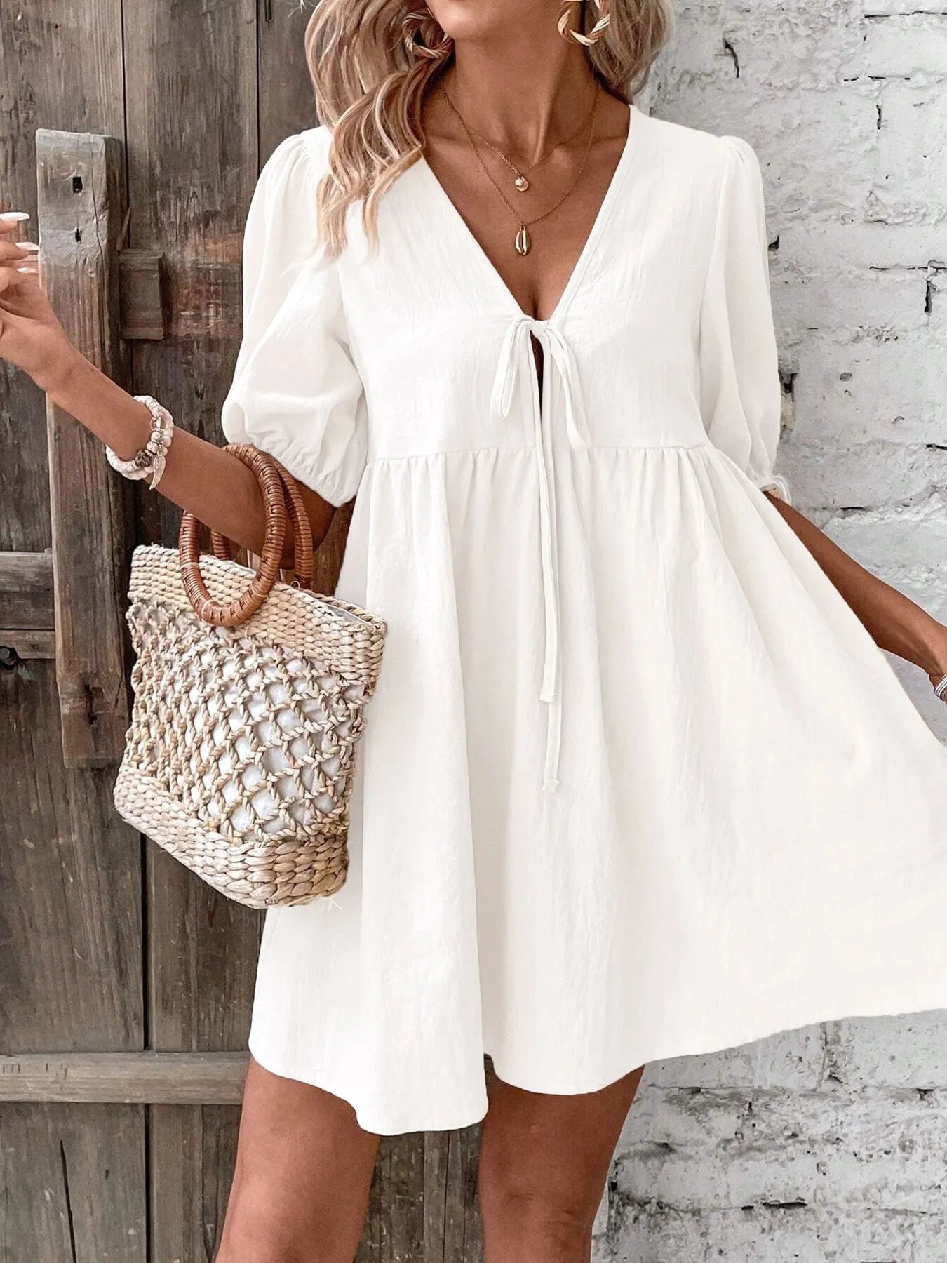 V-Neck Tie-Front Mini Dress with Puff Sleeves - Atelievuè
