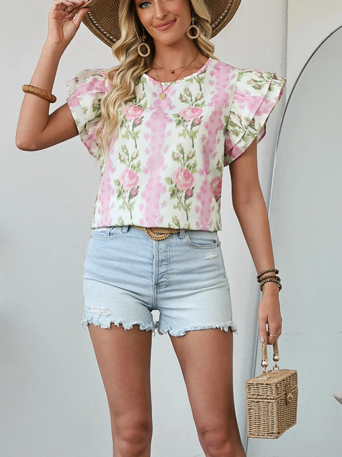 Floral Print Ruffled Sleeve Blouse - Atelievuè