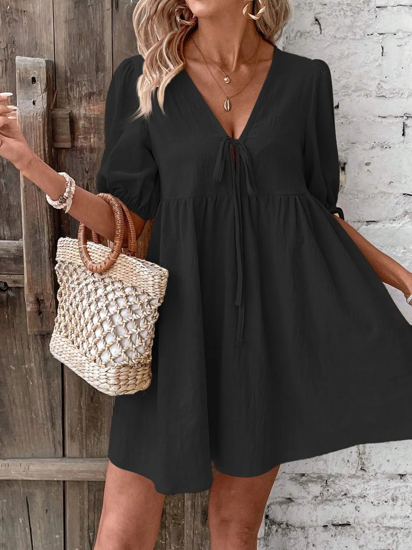 V-Neck Tie-Front Mini Dress with Puff Sleeves - Atelievuè