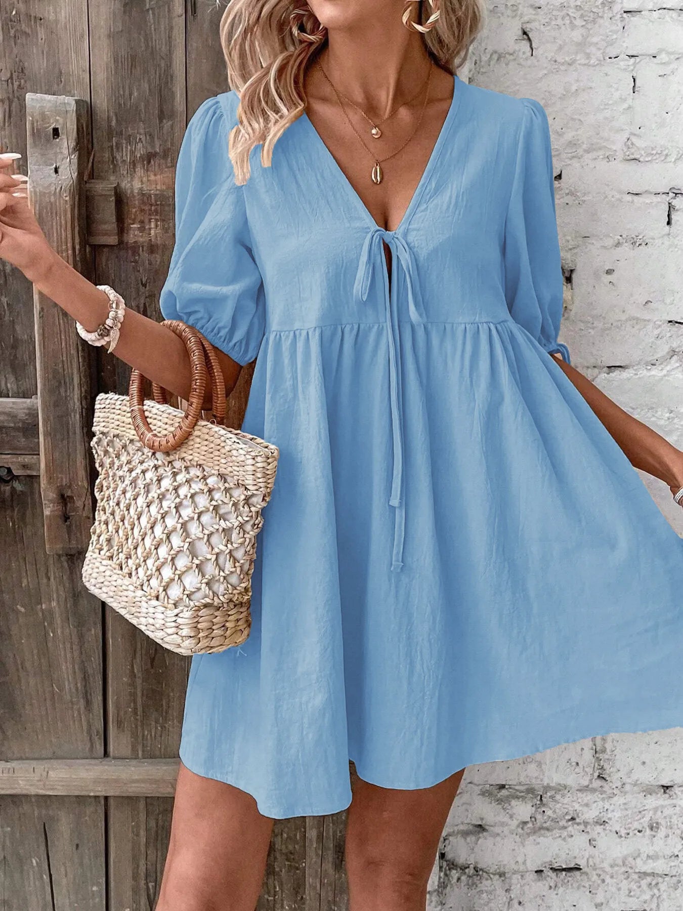 V-Neck Tie-Front Mini Dress with Puff Sleeves - Atelievuè