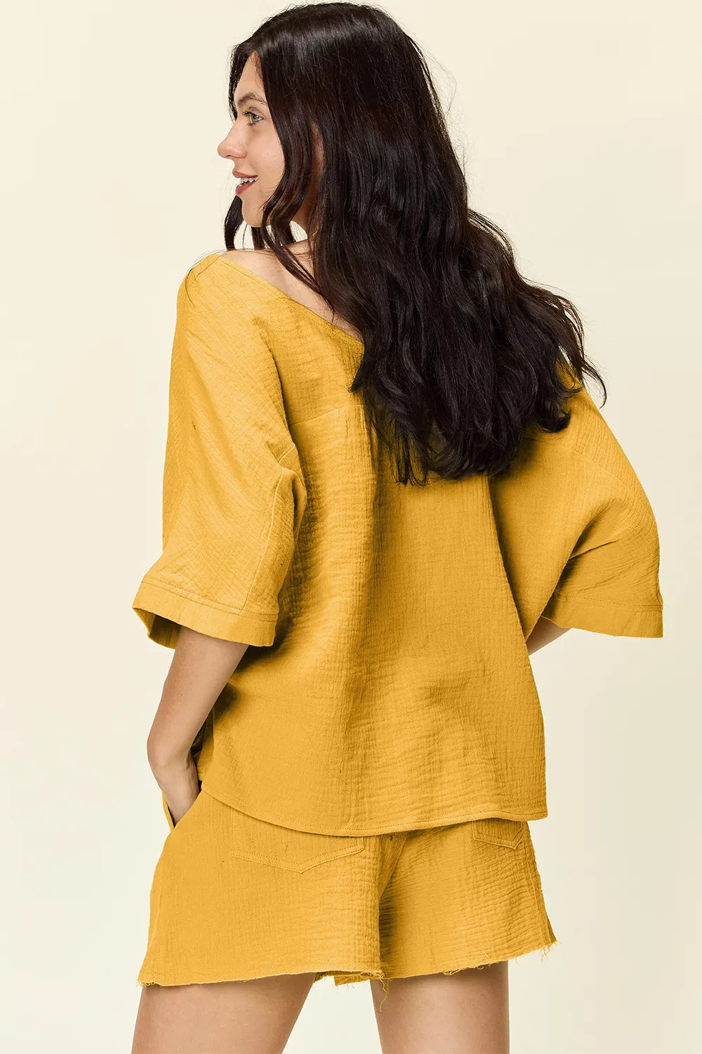 Double Take Texture Half Sleeve T-Shirt and Drawstring Shorts Set - Atelievuè