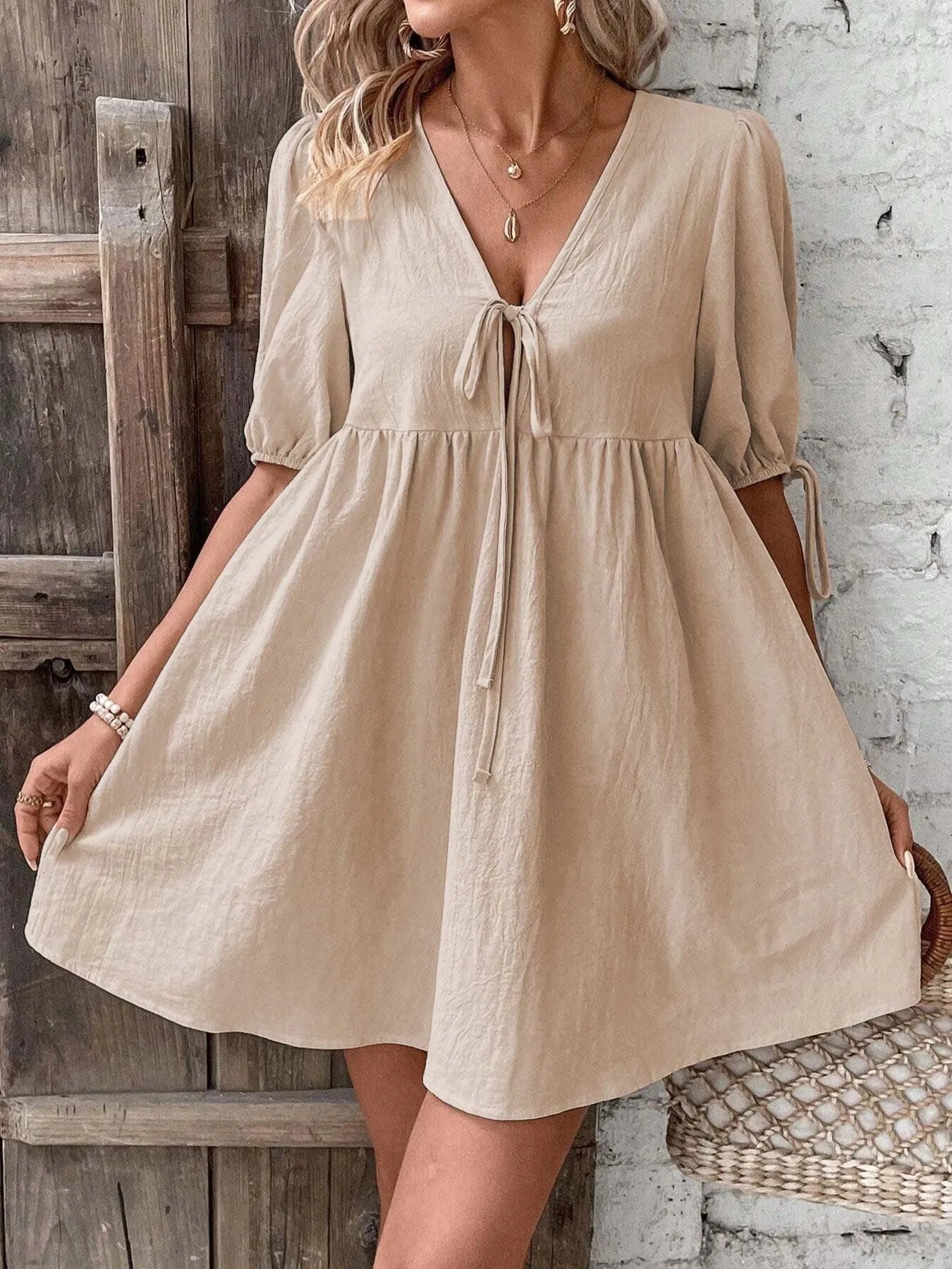 V-Neck Tie-Front Mini Dress with Puff Sleeves - Atelievuè
