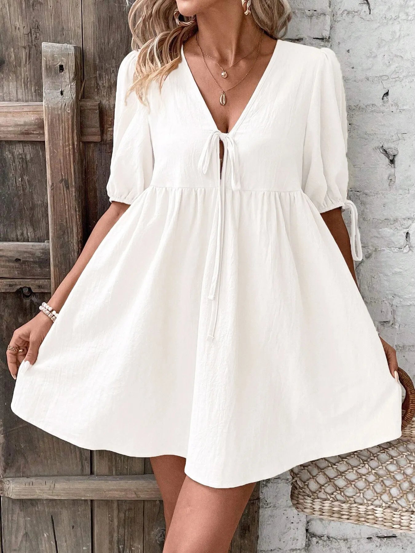 V-Neck Tie-Front Mini Dress with Puff Sleeves - Atelievuè