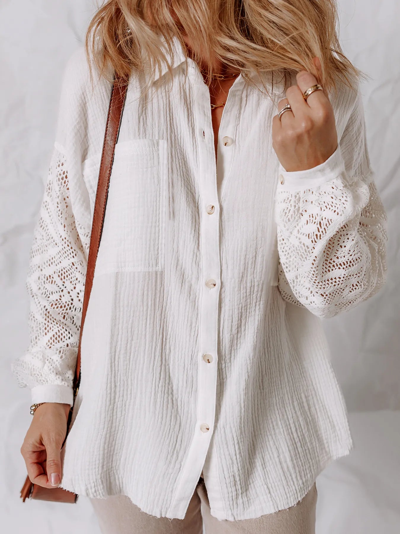 Lace Sleeve Button Down Shirt - Atelievuè
