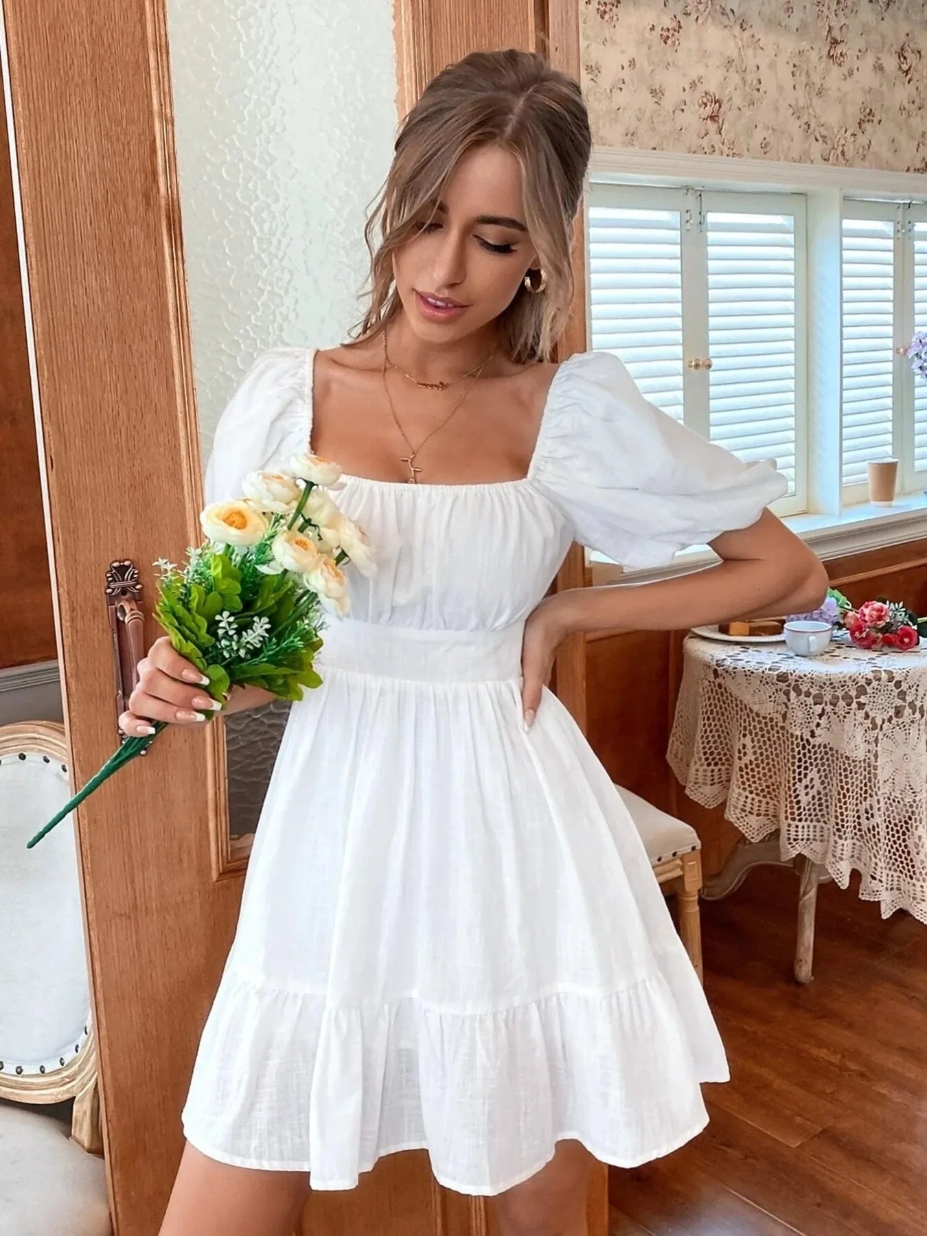 Square Neck Puff Sleeve Mini Dress - Atelievuè