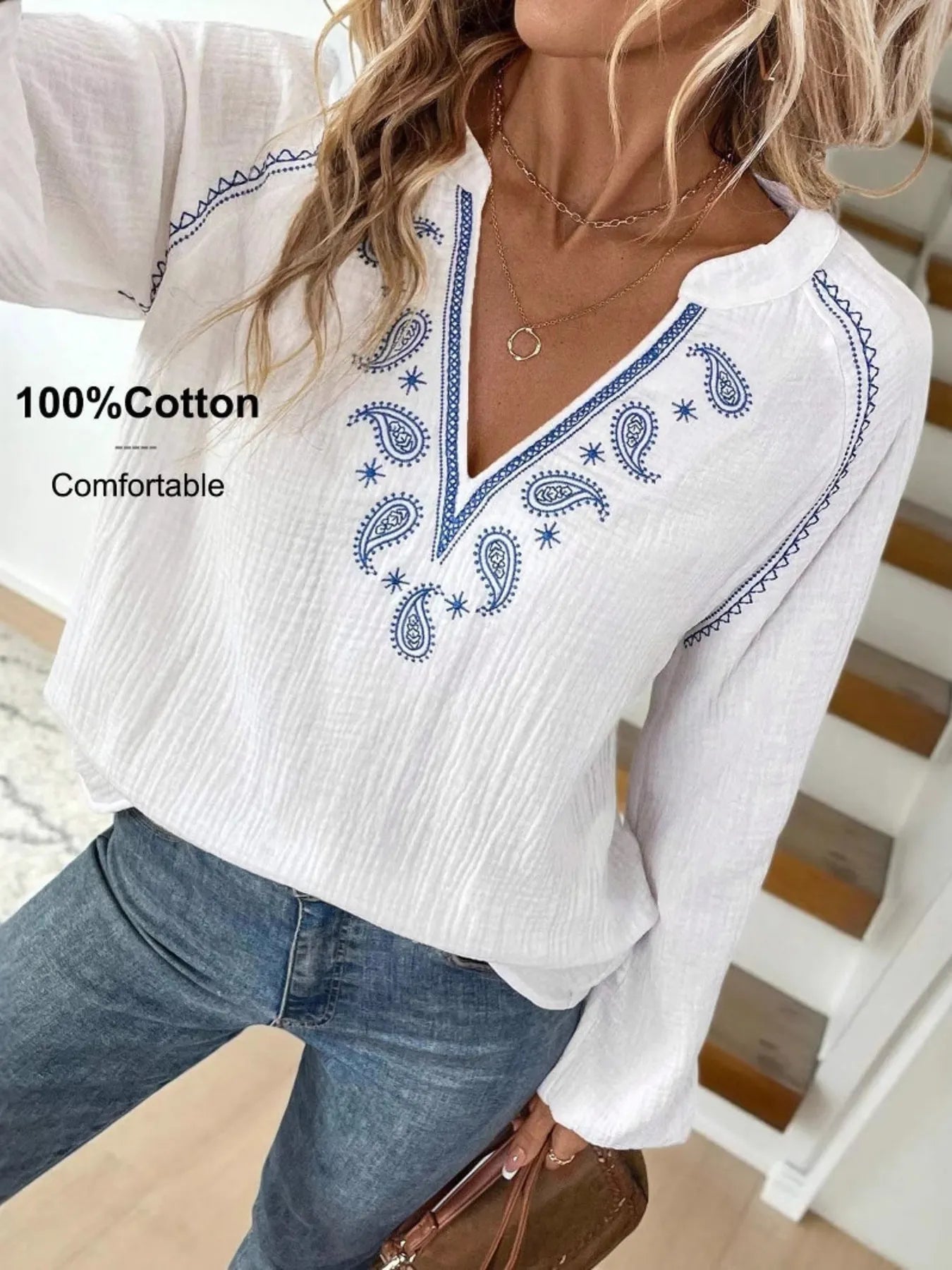 Paisley Pattern Notched Long Sleeve Blouse - Atelievuè