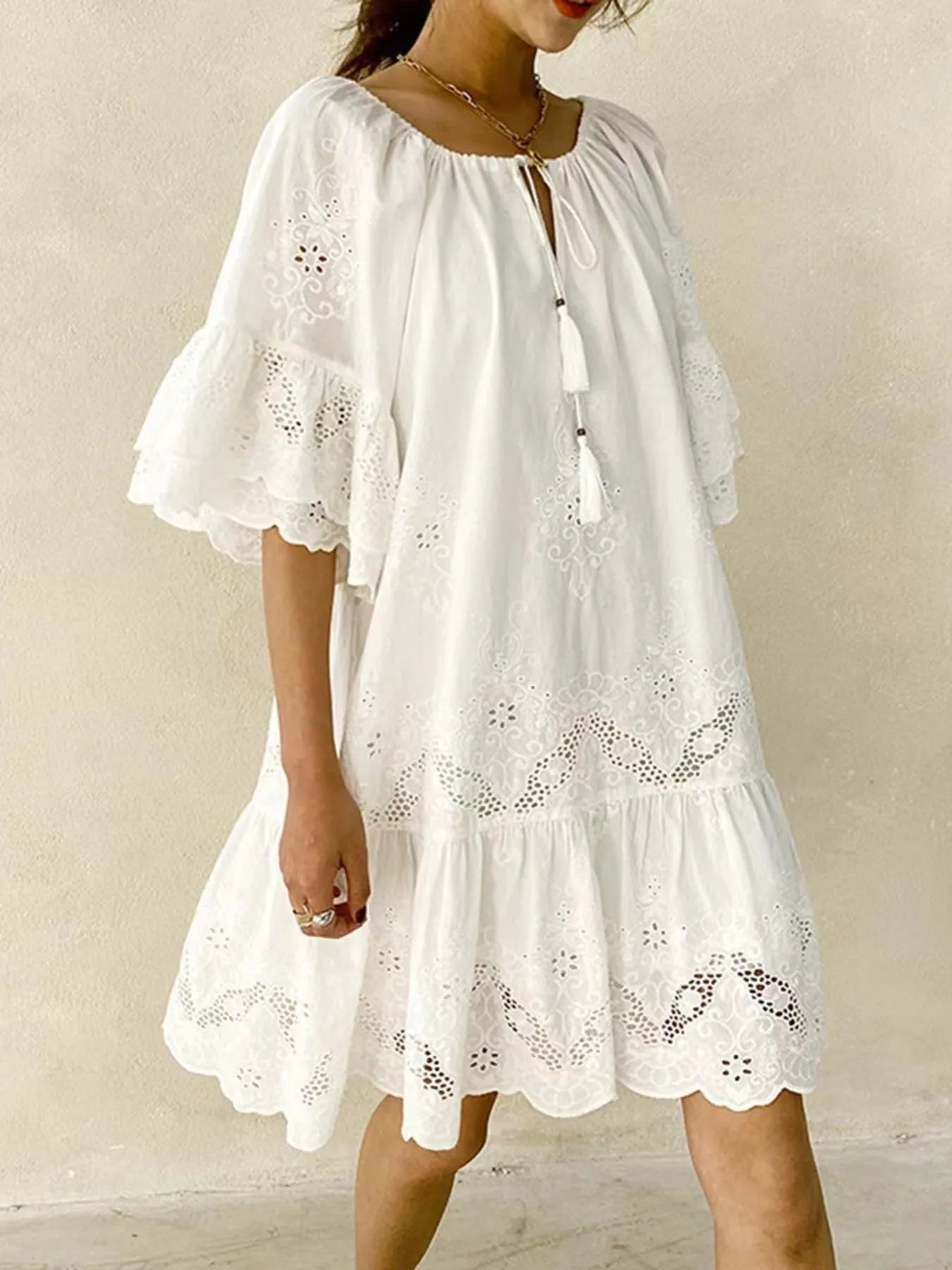 Eyelet Embroidered Tassel Tie Neck Dress - Atelievuè