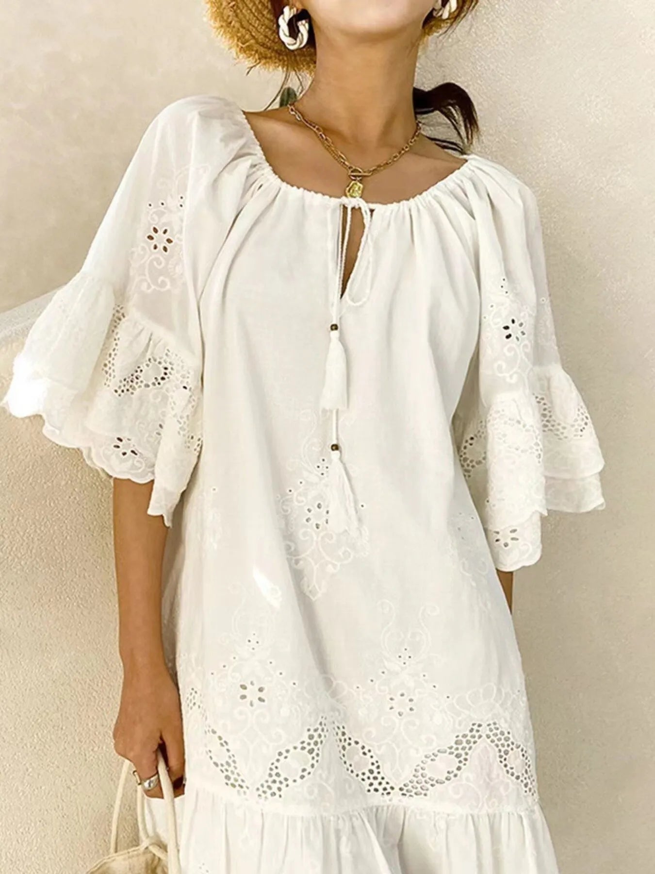 Eyelet Embroidered Tassel Tie Neck Dress - Atelievuè