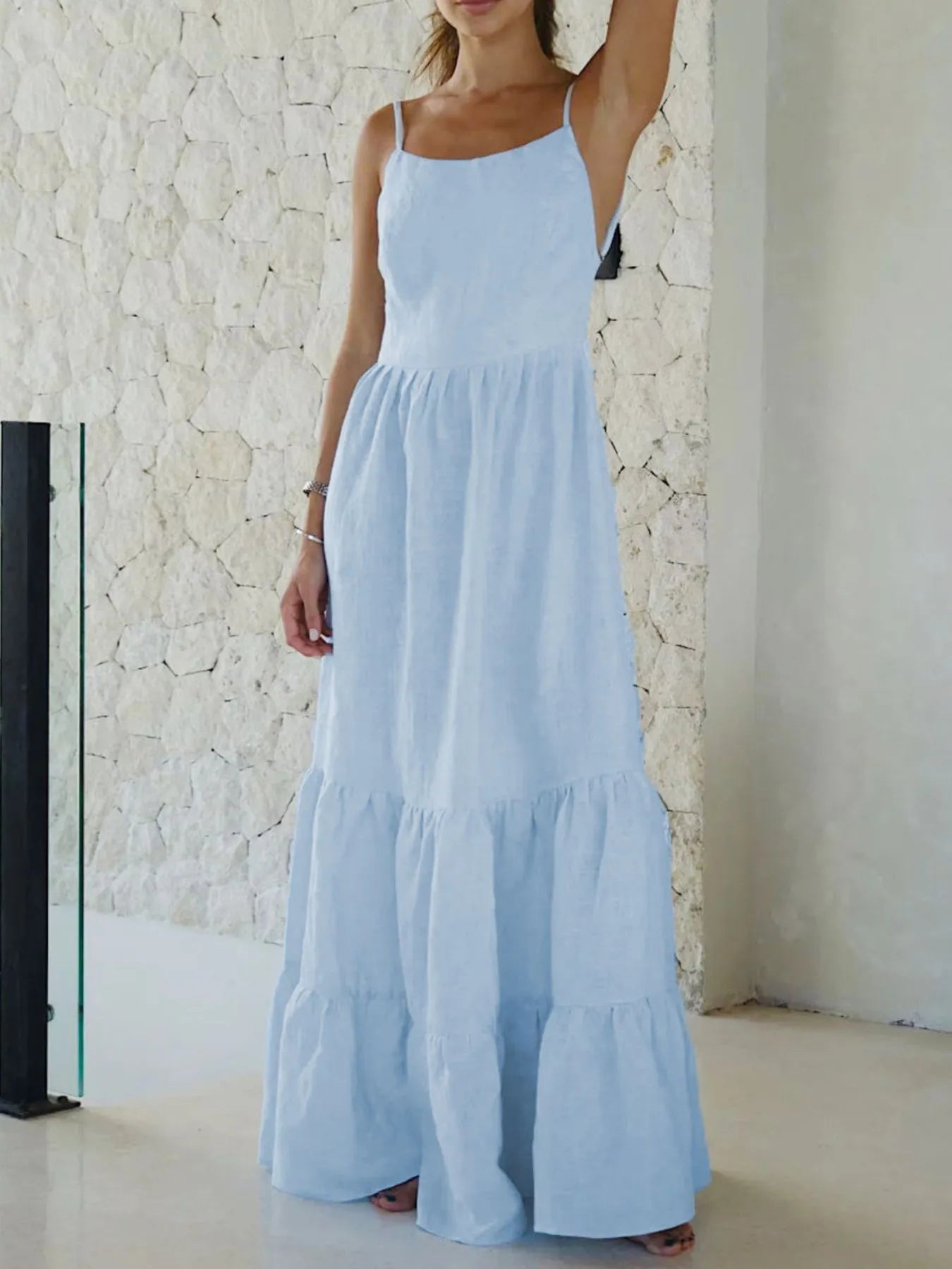 Tiered Maxi Cami Dress with Ruffled Hem - Atelievuè